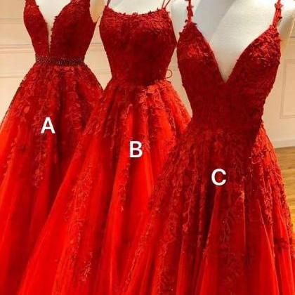 Red Lace Applique Prom Dresses 2024 Elegant A Line..