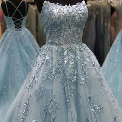Spaghetti Strap Blue Prom Dresses 2024 Lace..