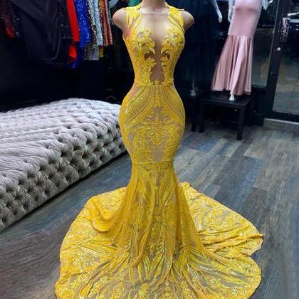robe de soiree yellow lace applique..