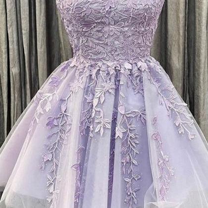 lilac prom dresses short lace appli..