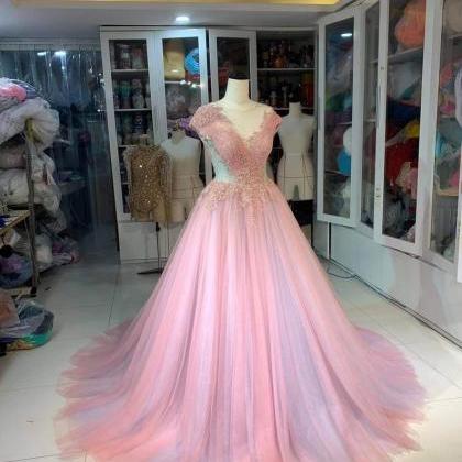 Robe De Soirée Pink Prom Dresses Cap Sleeve Lace..