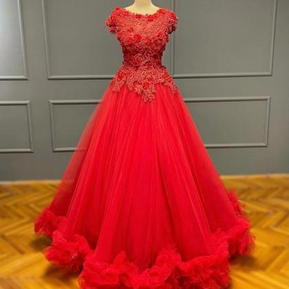Cap Sleeve Prom Dresses 2024 Red Lace Applique..