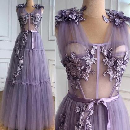 Lace Applique Purple Prom Dresses 2024 Tulle A..