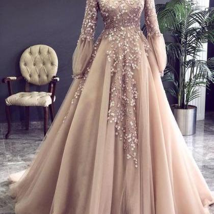 Lace Applique Champagne Prom Dresses Long Sleeve..