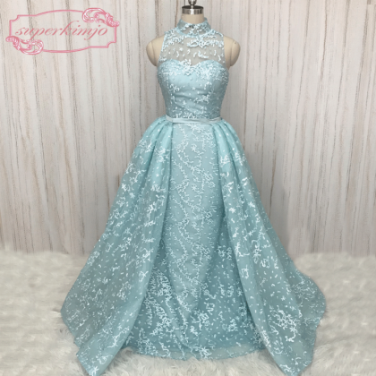 Robe De Soirée Femme Blue Lace Prom Dresses With..