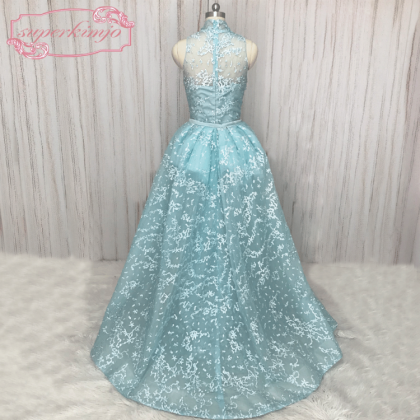 Robe De Soirée Femme Blue Lace Prom Dresses With..