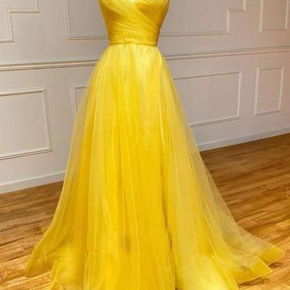 Spaghetti Strap Yellow Prom Dresses A Line Tulle..