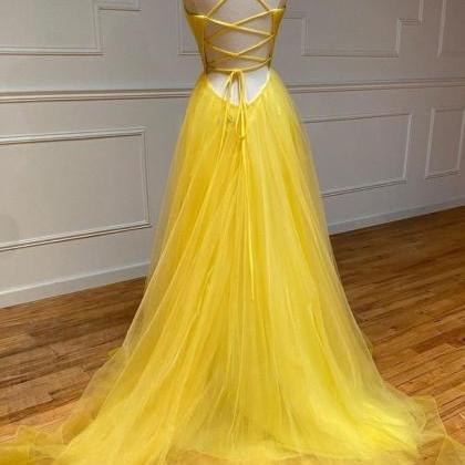 Spaghetti Strap Yellow Prom Dresses A Line Tulle..