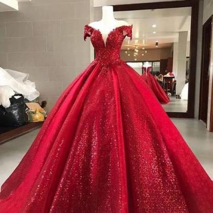 Glitter Red Prom Dresses Ball Gown V Neck Elegant..