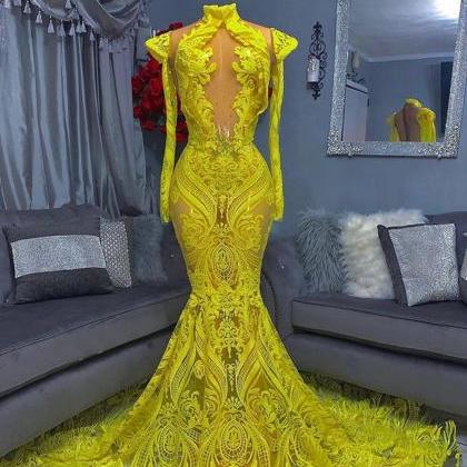 Glitter Yellow Prom Dresses Long Sleeve Mermaid..