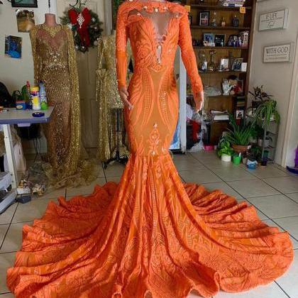 Robes De Soirée Femme Orange Glitter Prom Dresses..