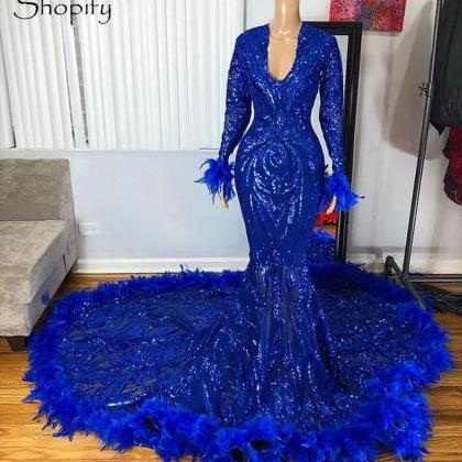 Vestido Festa Luxo Royal Blue Feather Prom Dresses..