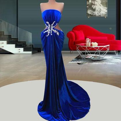 Royal Blue Strapless Evening Dresses Long Beaded..