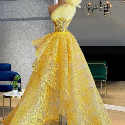 One Shoulder Yellow Prom Dresses 2023 Newest..