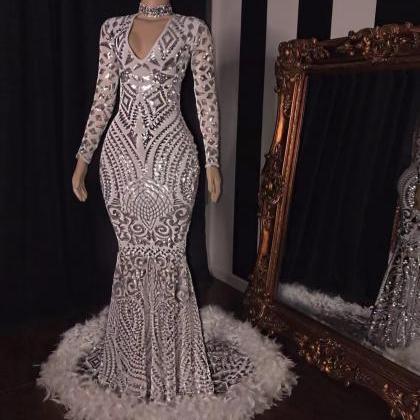 Feather Silver Prom Dresses Long Sleeve Mermaid..