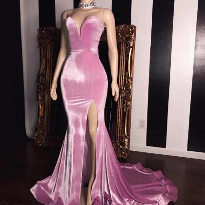 velvet pink prom dresses long simpl..