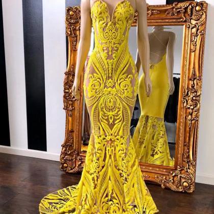 Halter Mermaid Prom Dresses Long Yellow Sparkly..