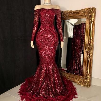 Burgundy Prom Dresses Sparkly Long Sleeve Off The..