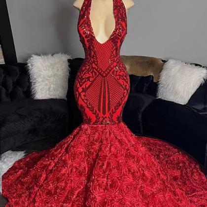 Floral Red Prom Dresses For Women Mermaid Sparkly..