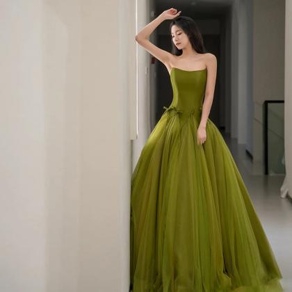 Green Tulle Prom Dresses A Line Strapless Elegant..