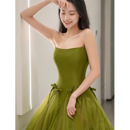 Green Tulle Prom Dresses A Line Strapless Elegant..