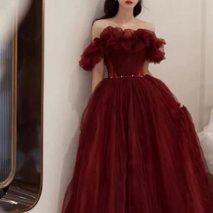 Burgundy Tulle Prom Dresses For Women Custom Make..