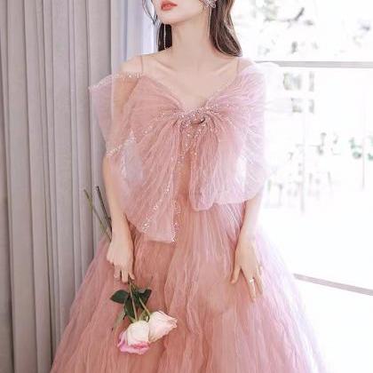 Rose Pink Custom Make Prom Dresses With Bow Beaded..