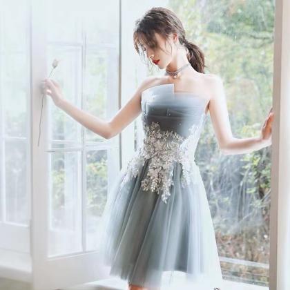 Custom Make Silver Gray Prom Dresses Short Lace..