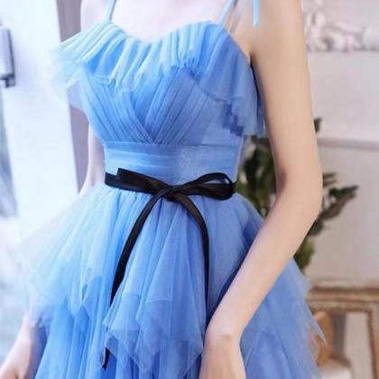 blue prom dresses short tulle a lin..