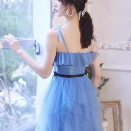 blue prom dresses short tulle a lin..