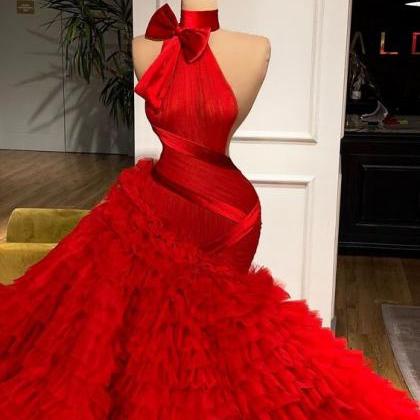 Red Prom Dresses 2023 Mermaid Tulle High Neck Elegant Sleeveless Prom ...