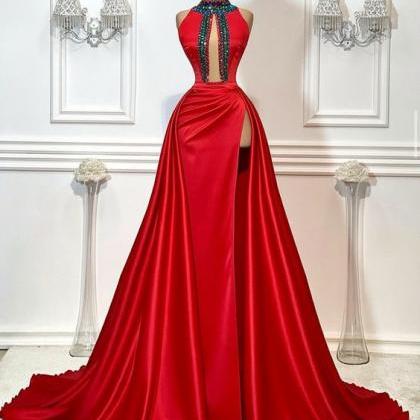 Red High Neck Prom Dresses Long Satin Beaded..