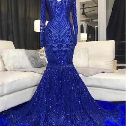 Sparkly Prom Dresses Royal Blue Mermaid Feather..