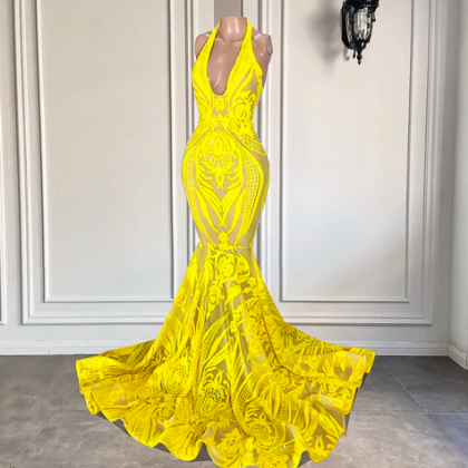 Yellow Halter Prom Dresses Long Mermaid Sparkly..