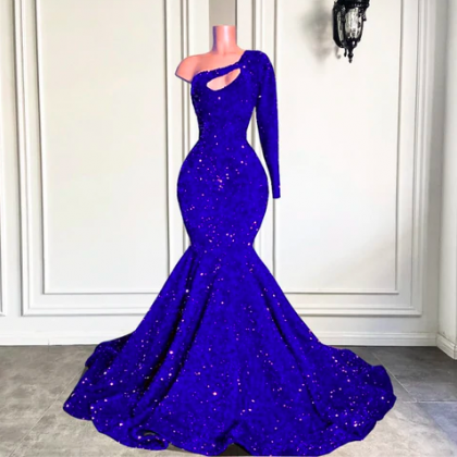 Royal Blue Sparkly Prom Dresses Long Sleeve One..