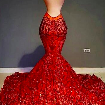 Red Sparkly Lace Prom Dresses Long Halter Sexy..