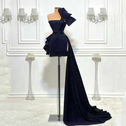 Black Evening Dresses Short One Shoulder Sparkly..