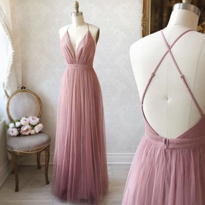 Rose Pink Bridesmaid Dresses Long A Line Tulle..