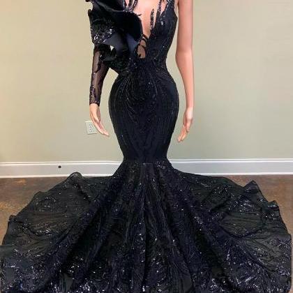 Black Prom Dresses One Shoulder Sparkly Lace..