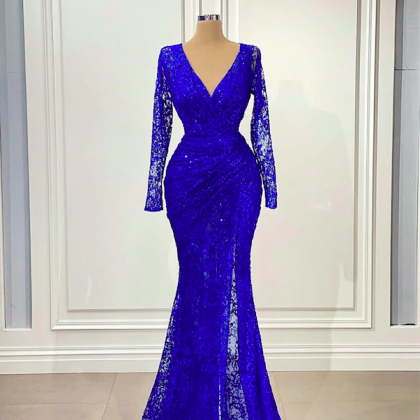 Royal Blue Evening Dresses Long Sleeve Lace..