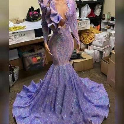 Purple Prom Dresses Long Sleeve V Neck Elegant..