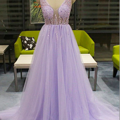 Lavender Beaded Prom Dresses Sleeveless V Neck..
