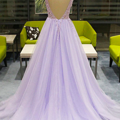Lavender Beaded Prom Dresses Sleeveless V Neck..