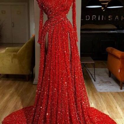 Red Sparkly Prom Dresses Long Sleeve Elegant A..