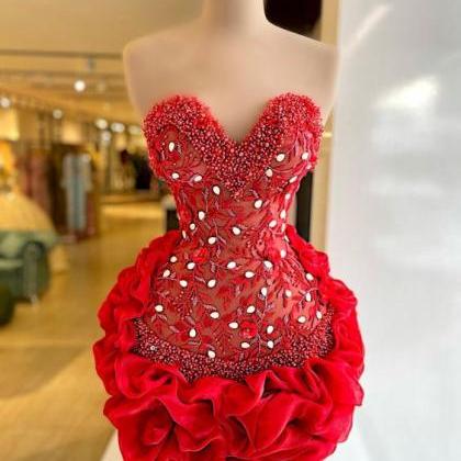 Red Party Dresses Lace Applique Beaded Sweetheart..