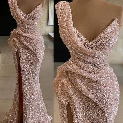 Modest Pink Evening Dresses Long Sparkly V Neck..
