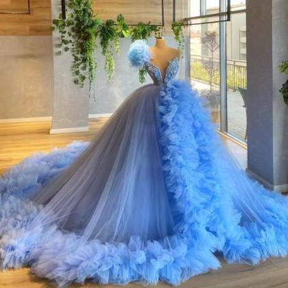 One Shoulder Blue Prom Dresses Ball Gown Beaded..
