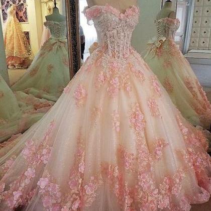 Sweet 16 Dresses Pink Lace Floral Prom Dresses..