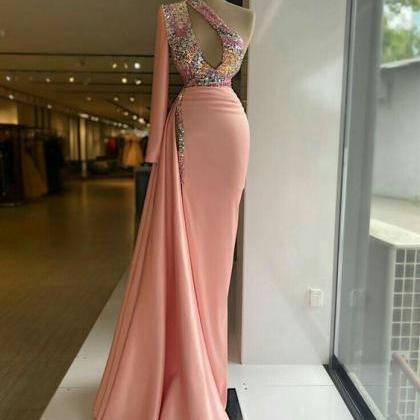 Pink Evening Dresses Long Sleeve Sparkly Sequined..