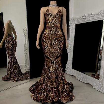 Black And Gold Halter Evening Dresses Long Sparkly..